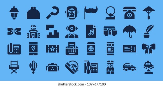 retro icon set. 32 filled retro icons. on blue background style Simple modern icons about  - Lamppost, Bow tie, Telephone, Chair, Purse, Television, Smartphone, Lantern, Sickle