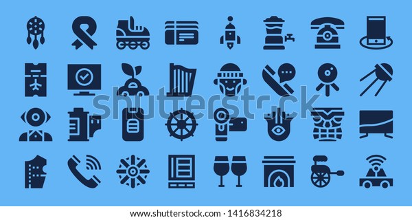 retro icon set. 32 filled retro icons. on blue\
background style Collection Of - Ornament, Ticket, Mentalist,\
Pattern design, Ribbon, Television, Film roll, Telephone, Roller\
skate