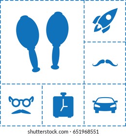 Retro icon. set of 6 retro filled icons such as mustache, mustache and glasses, maracas, car, rocket