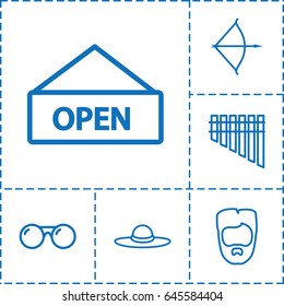 Retro icon. set of 6 retro outline icons such as man hairstyle, woman hat, harmonica, open plate, sunglasses