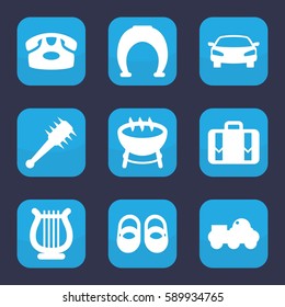 retro icon. Set of 9 filled retro icons such as baby shoes, desk phone, luggage, harp, car, robot, mace, barbecue