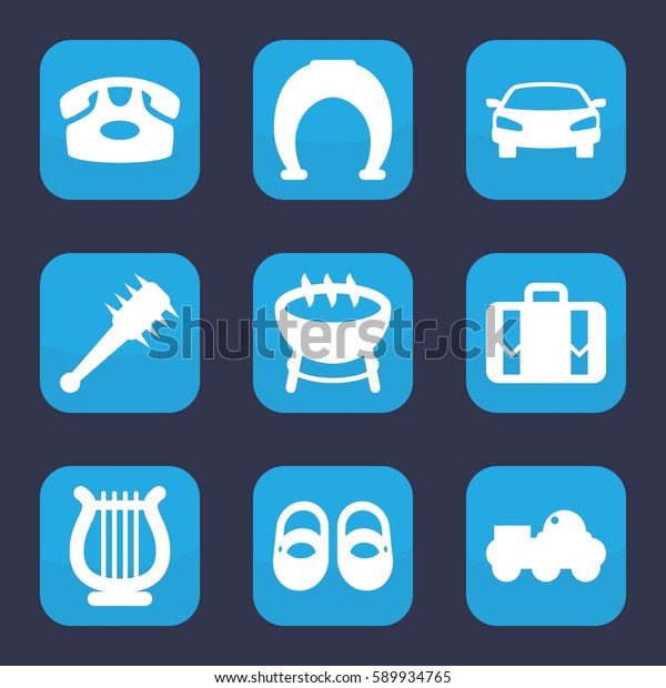 retro icon. Set\
of 9 filled retro icons such as baby shoes, desk phone, luggage,\
harp, car, robot, mace,\
barbecue