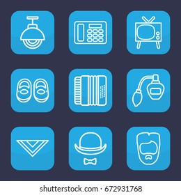 Retro icon. set of 9 outline retro icons such as baby shoes, perfume, man hairstyle, cravat, harmonic, desk phone, hat and moustache, street lamp