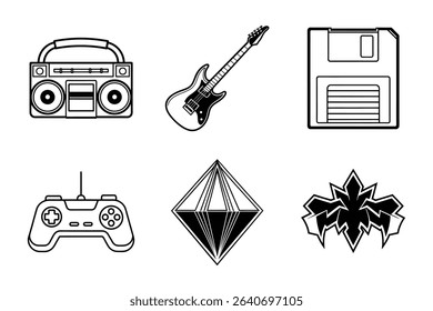 Retro icon set with boombox, electric guitar, floppy disk, game controller, geometric shape, and abstract design illustrations