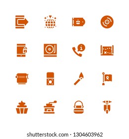 retro icon set. Collection of 16 filled retro icons included Vespa, Cauldron, Coffee grinder, Cupcake, Ribbon, Match, Recorder, Jar, Treasure map, Call, Turntable, Smartphone