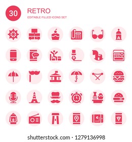 retro icon set. Collection of 30 filled retro icons included Helm, Television, Cupcake, Telephone, Glasses, Smartphone, Wake up, Ink pen, Rocking horse, Umbrella, Mustache, Carousel