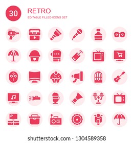 retro icon set. Collection of 30 filled retro icons included Blaster, Fridge, Wooden leg, Microphone, Whiskey, Umbrella, Cupcake, Boxing gloves, Smartphone, Television, Hockey mask