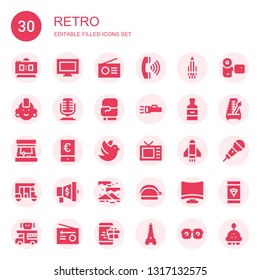 retro icon set. Collection of 30 filled retro icons included Digital clock, Tv, Radio, Call, Rocket, Punk, Microphone, Boxing gloves, Lantern, Whiskey, Arcade machine, Smartphone
