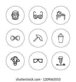 Retro icon set. collection of 9 outline retro icons with astronaut, bow tie, desk lamp, hot air balloon, irish coffee, glasses, moustache, shaker icons. editable icons.