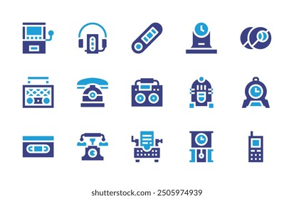 Retro icon set. Duotone color. Vector illustration. Containing arcademachine, jukebox, radio, deskclock, clock, walkman, ball, telephone, boombox, mpplayer.