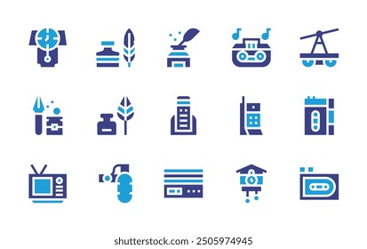 Retro icon set. Duotone color. Vector illustration. Containing boombox, ink, write, wallclock, pendulum, phone, television, microphone, inkbottle, telephone, modem.