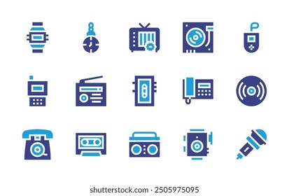 Conjunto de iconos retro. Color duotono. Ilustración vectorial. Contiene vintage, radio, boombox, reloj de bolsillo, tv, tocadiscos, teléfono, reloj de pulsera, cassette, taperecorder.