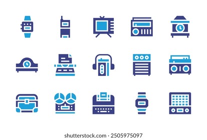 Retro icon set. Duotone color. Vector illustration. Containing tv, teleprinter, watch, clock, radio, tape, amplifier, flipphone, recorder, music, typewriter.