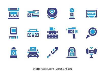 Retro icon set. Duotone color. Vector illustration. Containing radiocassette, arcademachine, computer, typewriter, oillamp, feather, discman, recordplayer.