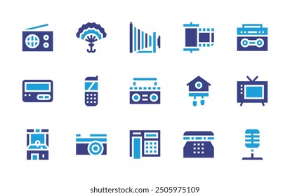 Retro icon set. Duotone color. Vector illustration. Containing microphone, clock, camera, telephone, handfan, cameraroll, oldtv, radio, boombox, mobilephone.