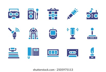 Retro icon set. Duotone color. Vector illustration. Containing karaoke, clock, iron, videotape, jukebox, casette, phone, asmr, microphone, boombox, virtualpet.