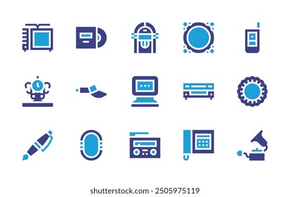 Retro icon set. Duotone color. Vector illustration. Containing frame, cap, computer, clock, vhsplayer, television, pen, telephone, jukebox, disc, radio.