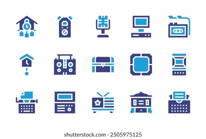 Retro icon set. Duotone color. Vector illustration. Containing cuckooclock, frame, chest, oldcomputer, boombox, microphone, voicerecorder.