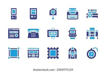 Retro icon set. Duotone color. Vector illustration. Containing console, wallclock, watch, slideprojector, phone, teleautograph, radio, cassette, typewriter.