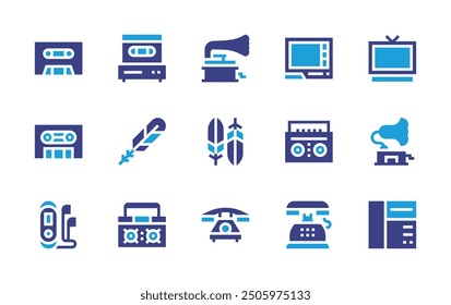 Retro icon set. Duotone color. Vector illustration. Containing cassette, gramophone, boombox, analogphone, pager, mp3, telephone, vhstape, oldtv, feather.