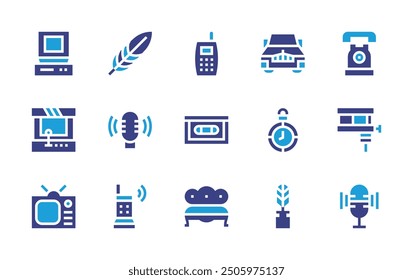 Retro icon set. Duotone color. Vector illustration. Containing car, quill, feather, mobilephone, vhs, pocketwatch, tattoomachine, telephone, microphone, canape.
