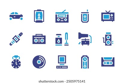 Retro icon set. Duotone color. Vector illustration. Containing boombox, radio, oldcar, wallclock, pocketwatch, gramophone, ink, computer, flipphone, vinyl, watch, lamp.