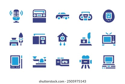Retro icon set. Duotone color. Vector illustration. Containing camera, car, radio, cuckoo, laptop, telegraph, tamagotchi, voicerecorder, tvmonitor, quill.