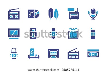 Retro icon set. Duotone color. Vector illustration. Containing lantern, frame, radio, microphone, mobilephone, vhs, feather, cassette, camera, album, oldtv, phone.