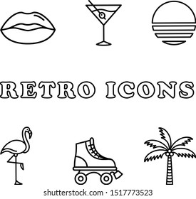 Retro Icon Set - Retro icons in a monoline style. This 80s style icon set includes a lips, cocktail, 80s sun, flamingo, roller skate, and palm tree.
