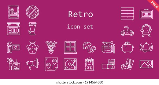 retro icon set. line icon style. retro related icons such as megaphone, sold, silent, turntable, video camera, muse, stamp, bouquet, vase, camcorder, bell, picture, radio, route, armchair, gamepad