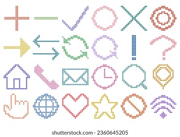 Retro icon set of pixel art. Vector illustration. 24 isolated items. Pluses and minuses, circles and crosses, exclamation marks and question marks, telephones and emails, hearts, stars, arrows, etc.