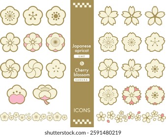 Retro icon set of plum and cherry blossoms