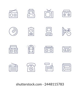 Retro icon set. Thin line icon. Editable stroke. Containing boombox, radio, television, vinyl, computer, console, clock, jukebox, telephone, cassetteplayer, cassette.