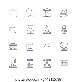 Retro icon set. Thin line icon. Editable stroke. Containing quill, telephone, boombox, music, television, cassette, clock, radio, phone, tv, arcadegame, lantern, gramophone.