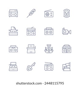 Retro icon set. Thin line icon. Editable stroke. Containing boombox, typewriter, tape, ceilinglamp, quill, radio, key, wallclock, videocamera, phonograph.