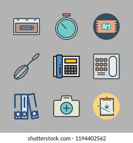 retro icon set. vector set about cassette, stopwatch, clipboard and mixer icons set.