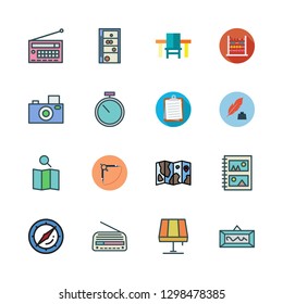 retro icon set. vector set about map, clipboard, frame and photo camera icons set.