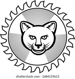 Retro icon style illustration of a circular saw blade with smiling cougar, lioness or big cat on isolated white background done in black and white.
