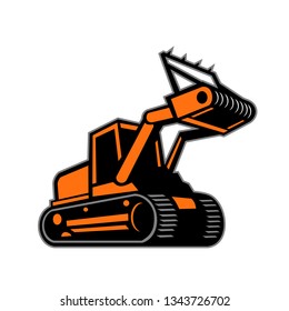 Retro icon style illustration of a tracked mulching tractor or forestry mulcher viewed from side on isolated background.