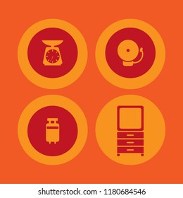 retro icon. retro vector icons set dresser mirror, kitchen scale, school bell and travelling luggage