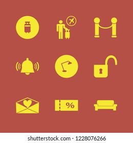 retro icon. retro vector icons set open lock, desk table lamp, school bell and tourist flying