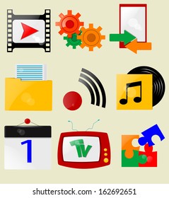 Retro icons with button of settings, wi-fi, music, watching videos, calendar, puzzles, and data exchange. Second set. Vector