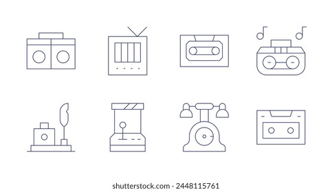 Retro icons. Editable stroke. Containing quill, telephone, boombox, cassette, tv, arcadegame.