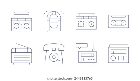 Retro icons. Editable stroke. Containing boombox, radio, jukebox, telephone, cassette.