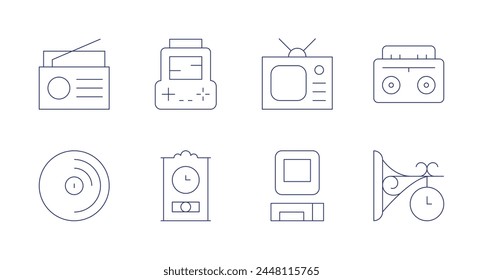 Retro icons. Editable stroke. Containing radio, television, vinyl, computer, console, clock, cassetteplayer, wallclock.