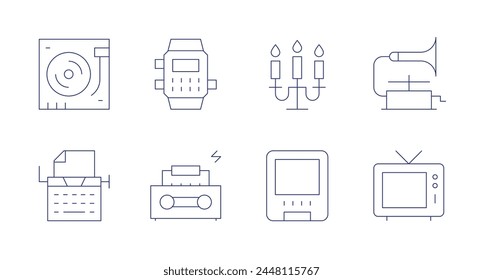 Iconos retro. Trazo editable. Contiene vela, máquina de escribir, dvd, tocadiscos, reloj, caja de la pluma, fonógrafo, tv.