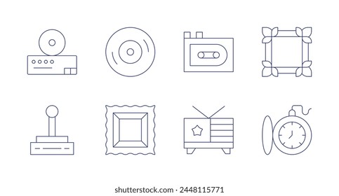 Retro icons. Editable stroke. Containing videoconsole, joystick, taperecorder, tv, vinyl, frame, pocketwatch.