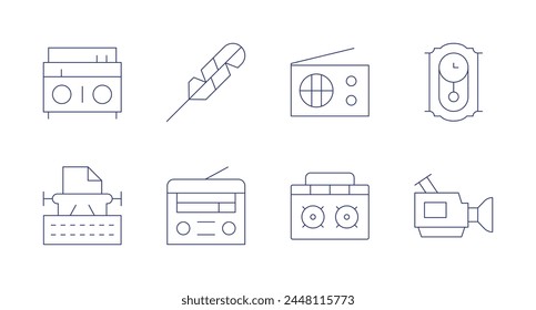 Retro icons. Editable stroke. Containing typewriter, tape, quill, boombox, radio, wallclock, videocamera.