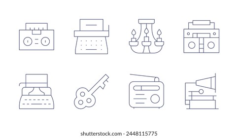 Retro icons. Editable stroke. Containing boombox, typewriter, ceilinglamp, radio, key, phonograph.