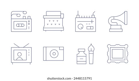 Retro icons. Editable stroke. Containing walkman, radio, television, inkpen, typewriter, camera, phonograph, frame.